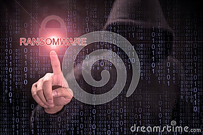 Hacker pointing in ransomware attack concept Stock Photo